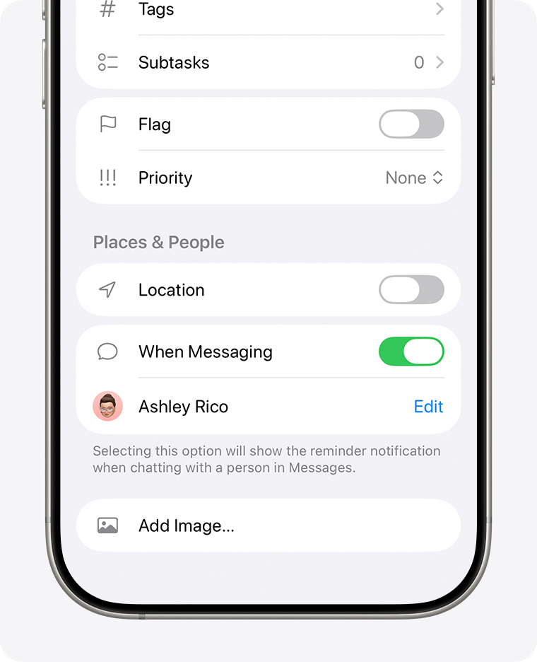 Creating a new reminder with intelligent messaging triggers on iPhone
